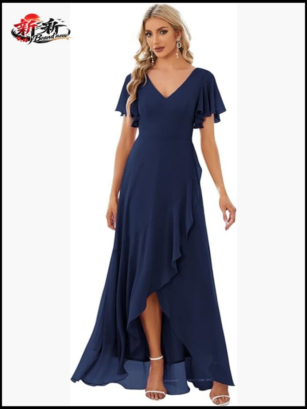 Polyester Chiffon Formal Dress with V-Neck and Ruffle Hem